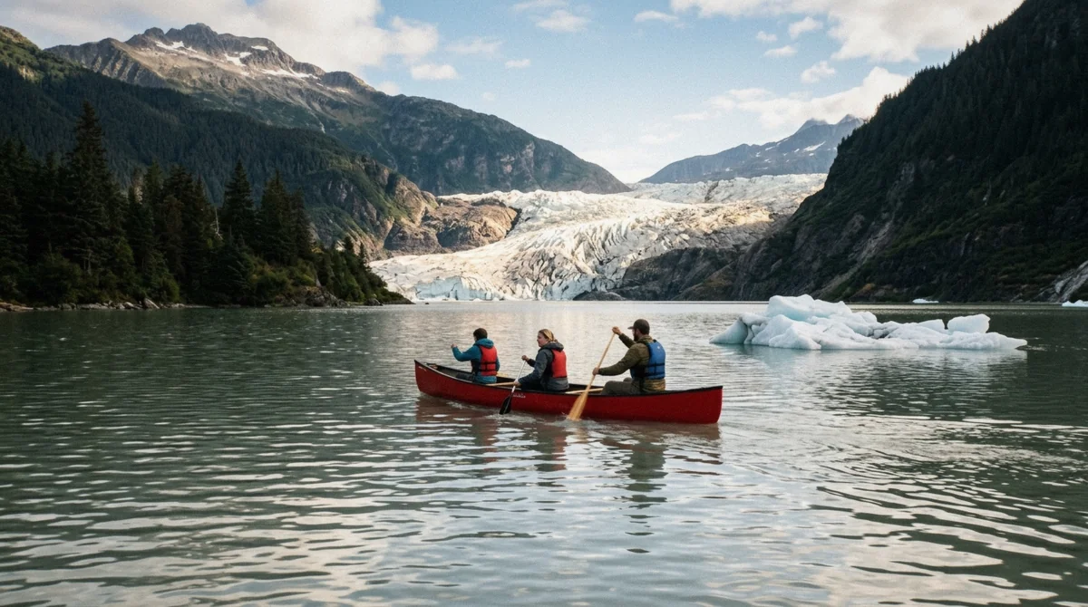 Paddlers in a guided canoe passing icebergs on Mendenhall Lake during a half-day Mendenhall Glacier tour from Juneau