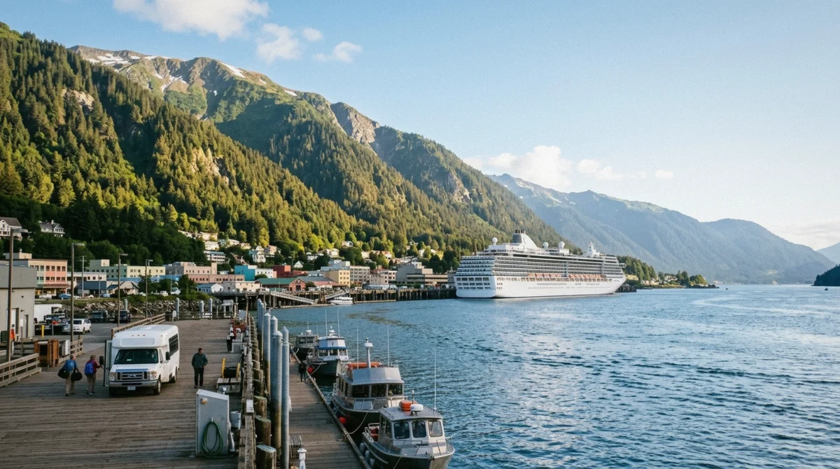 Cruise passengers checking the time on the Juneau waterfront before a Mendenhall Glacier tour departure