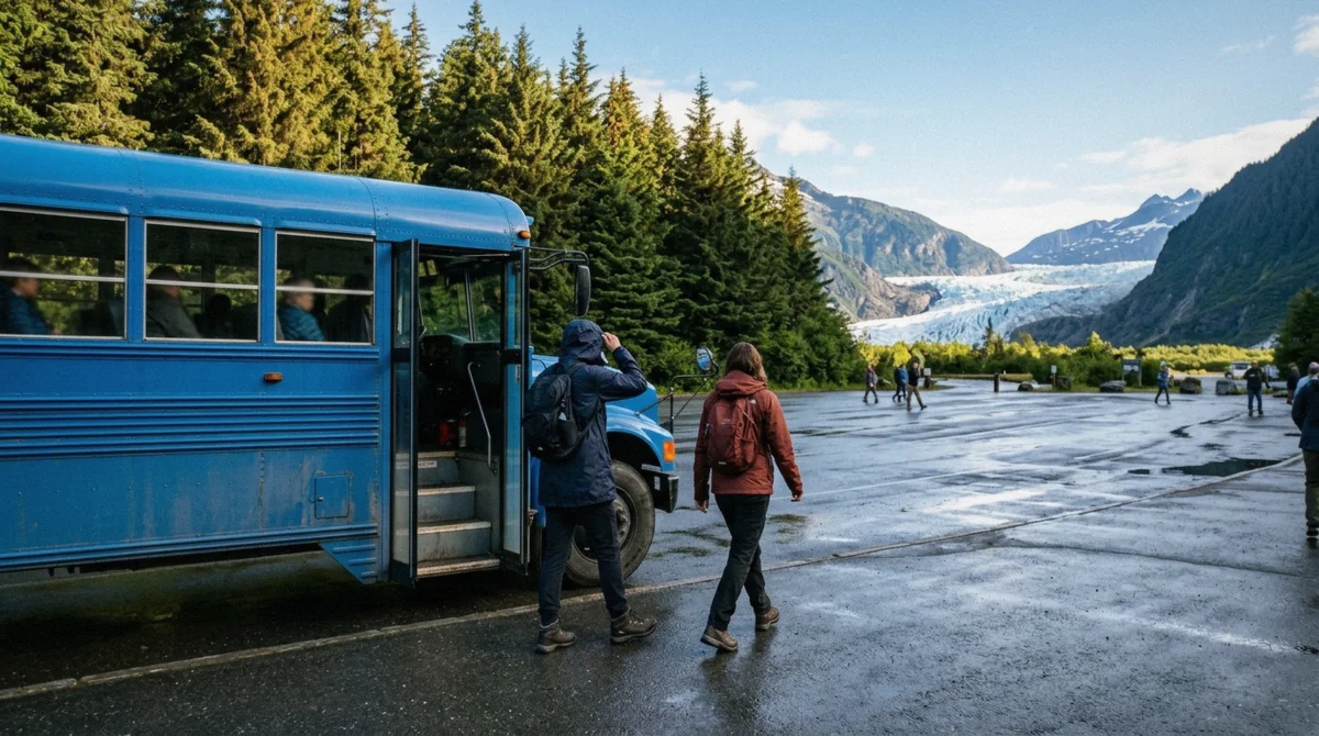 Travelers stepping off the shuttle bus at the Mendenhall Glacier Recreation Area near Juneau