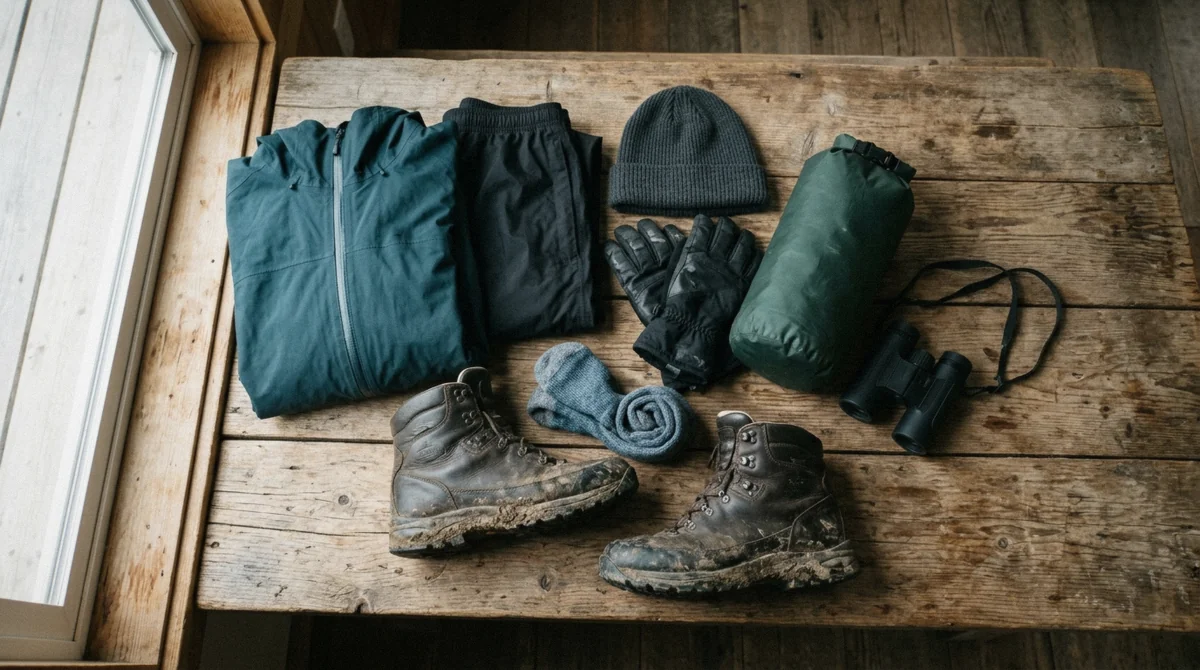 Waterproof shell, layers and boots laid out for a wet day, the practical answer to what to wear at Mendenhall Glacier in Juneau, Alaska