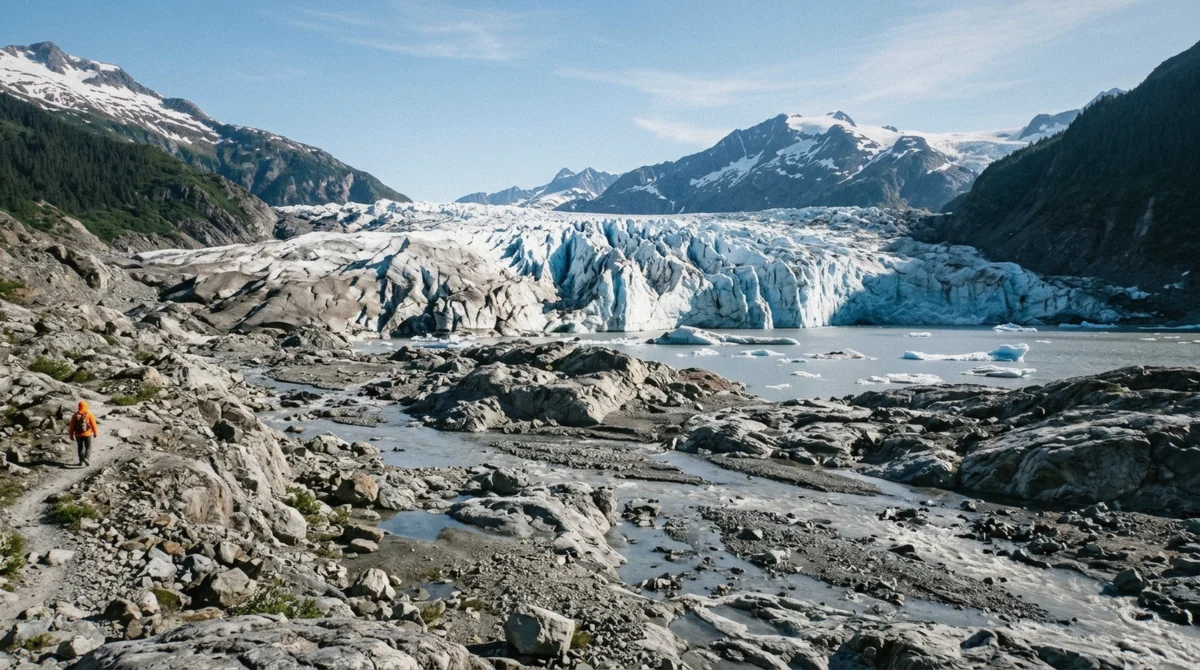 Blue glacial ice and meltwater channels at the Mendenhall Glacier terminus, the kind of formation the Mendenhall Glacier ice caves once produced near Juneau, Alaska