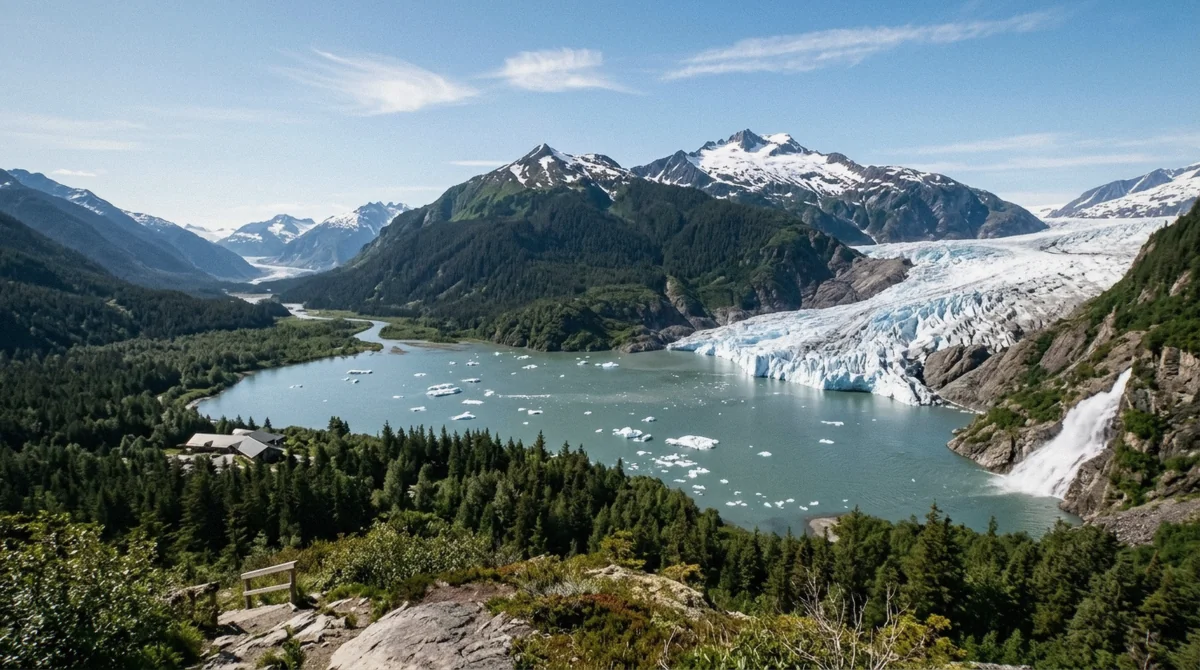 Aerial view down the glacial valley with the lake, the ice and the trail network laid out as shown on this Mendenhall Glacier map near Juneau