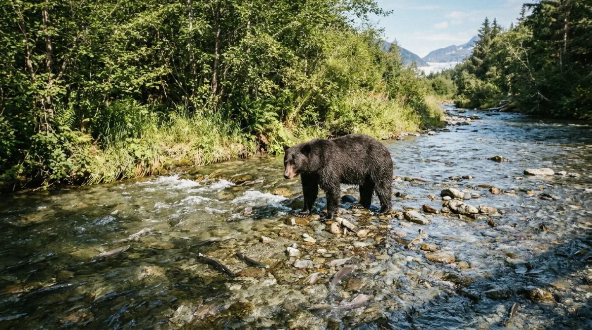 A black bear fishing for salmon at Steep Creek below the raised boardwalk, the peak August wildlife reason behind the best time to visit Mendenhall Glacier