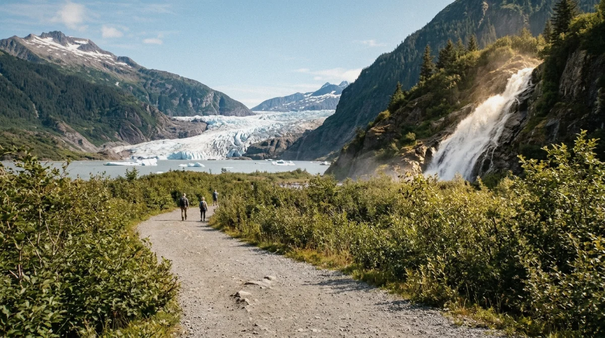 Visitors on the paved lakeshore path with the ice face and Nugget Falls behind, showing the main things to do at Mendenhall Glacier near Juneau