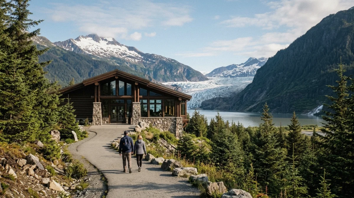 The Mendenhall Glacier Visitor Center viewing deck above the lake, the arrival point for every shuttle and taxi from the Juneau cruise port
