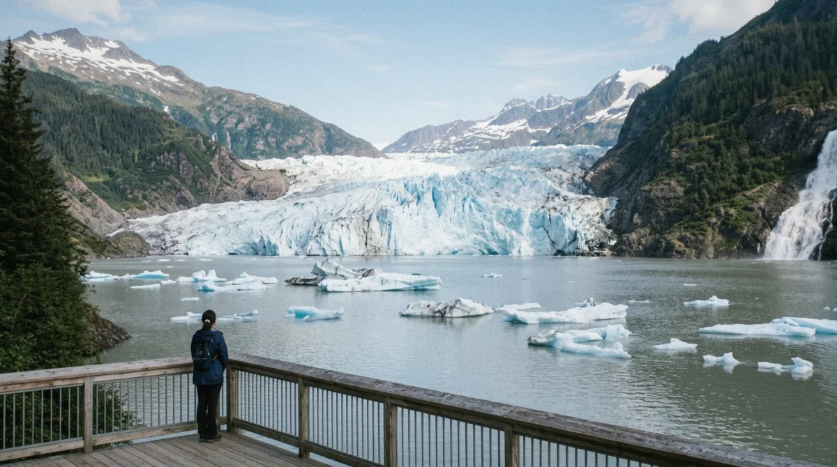 Visitors on the paved path facing the ice and Mendenhall Lake, the view at the heart of the question of whether a Mendenhall Glacier tour is worth it in Juneau, Alaska